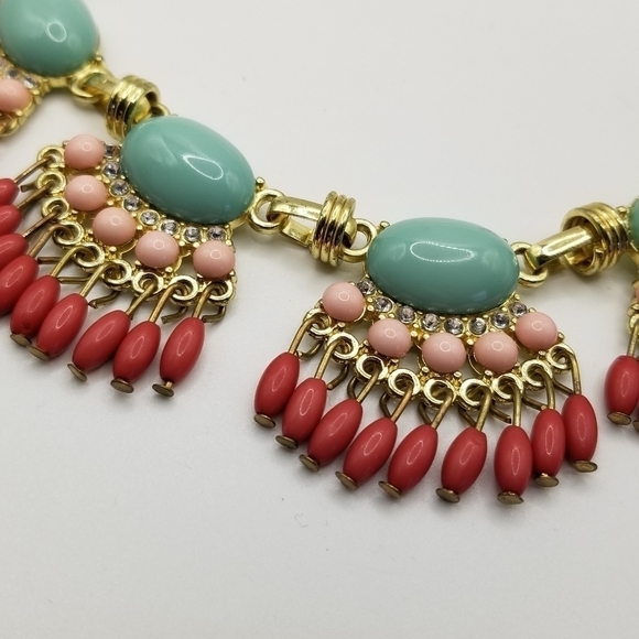 J Crew Beaded Statement Necklace Fan Colorful Multicolor Gold Tone Fringe Dangle - Picture 9 of 11